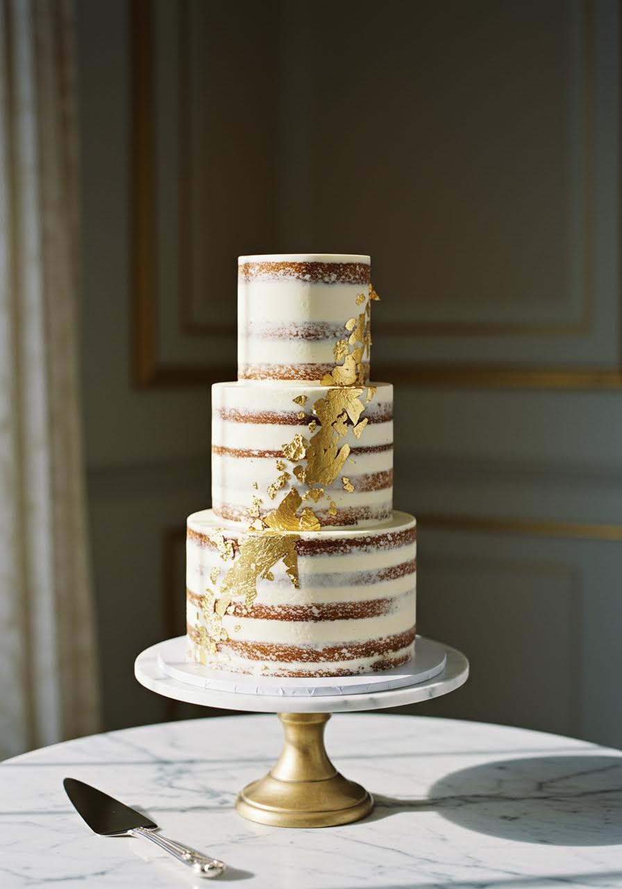 Semi-naked wedding cake adorned with delicate gold leaf accents creating luxurious texture contrast