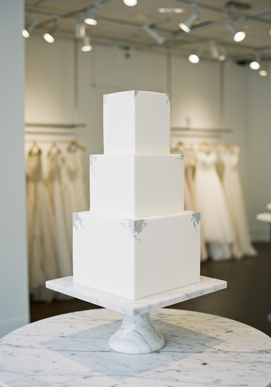 Modern square wedding cake with sharp geometric edges and minimalist white design
