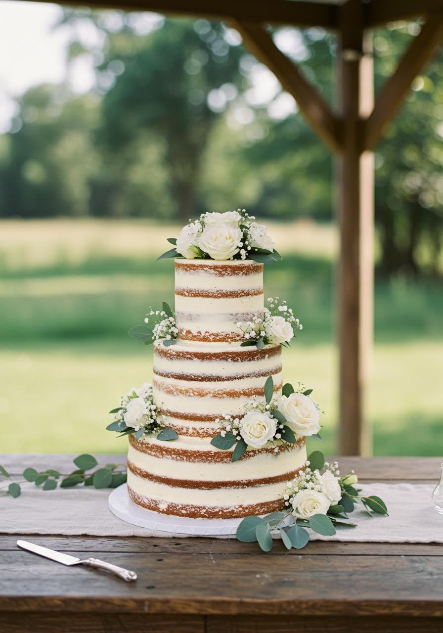 Romantic naked wedding cake decorated with fresh eucalyptus branches and minimal cream filling