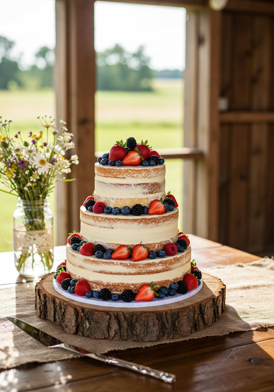Three-tier naked wedding cake with exposed sponge layers decorated with fresh berries and cream