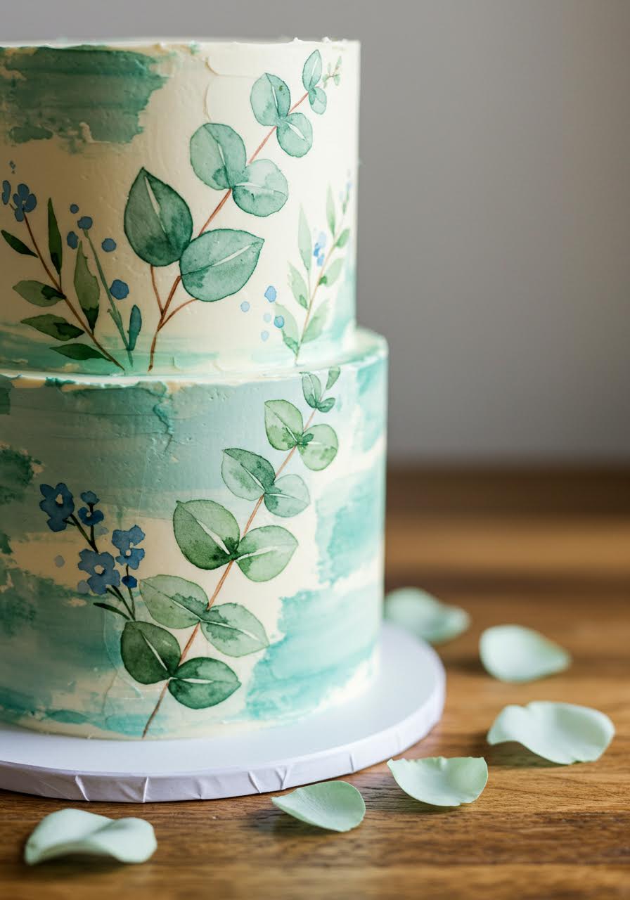 Close-up of hand-painted eucalyptus design rendered in watercolor technique on wedding cake