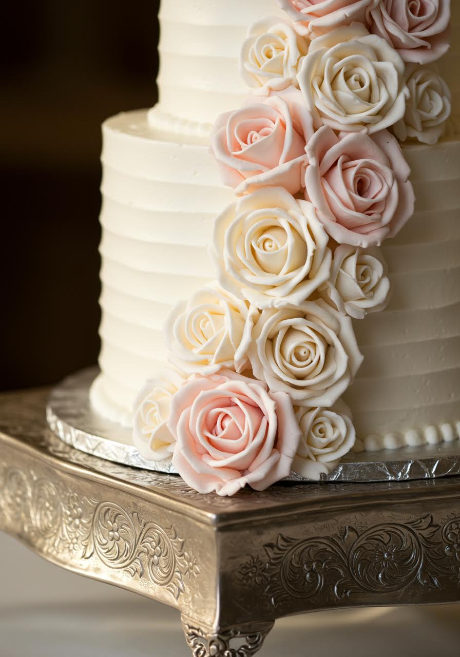 Macro shot showcasing intricate buttercream rose piping technique and delicate petal details