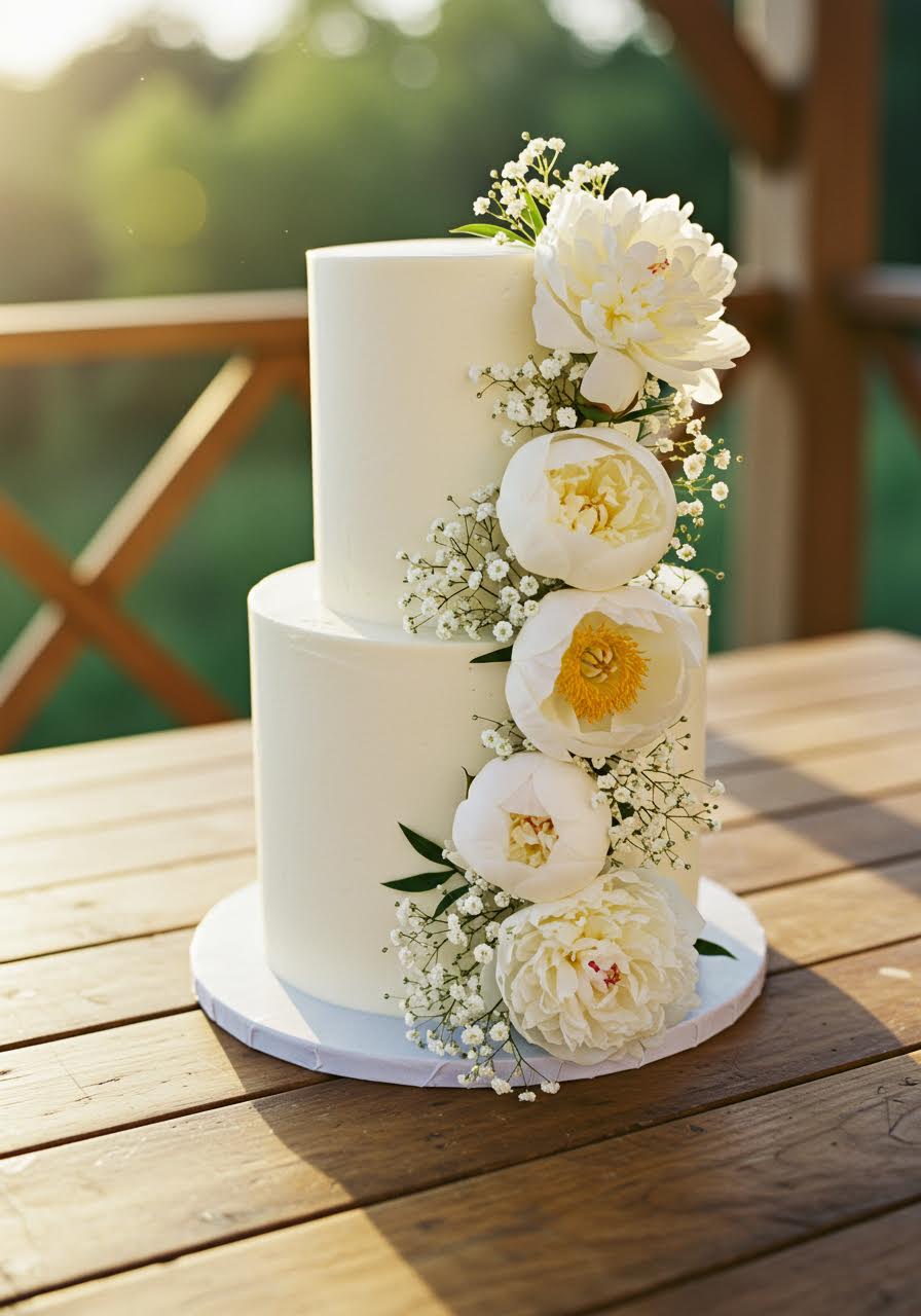 Geometric hexagonal wedding cake decorated with lush peony blooms in golden hour lighting
