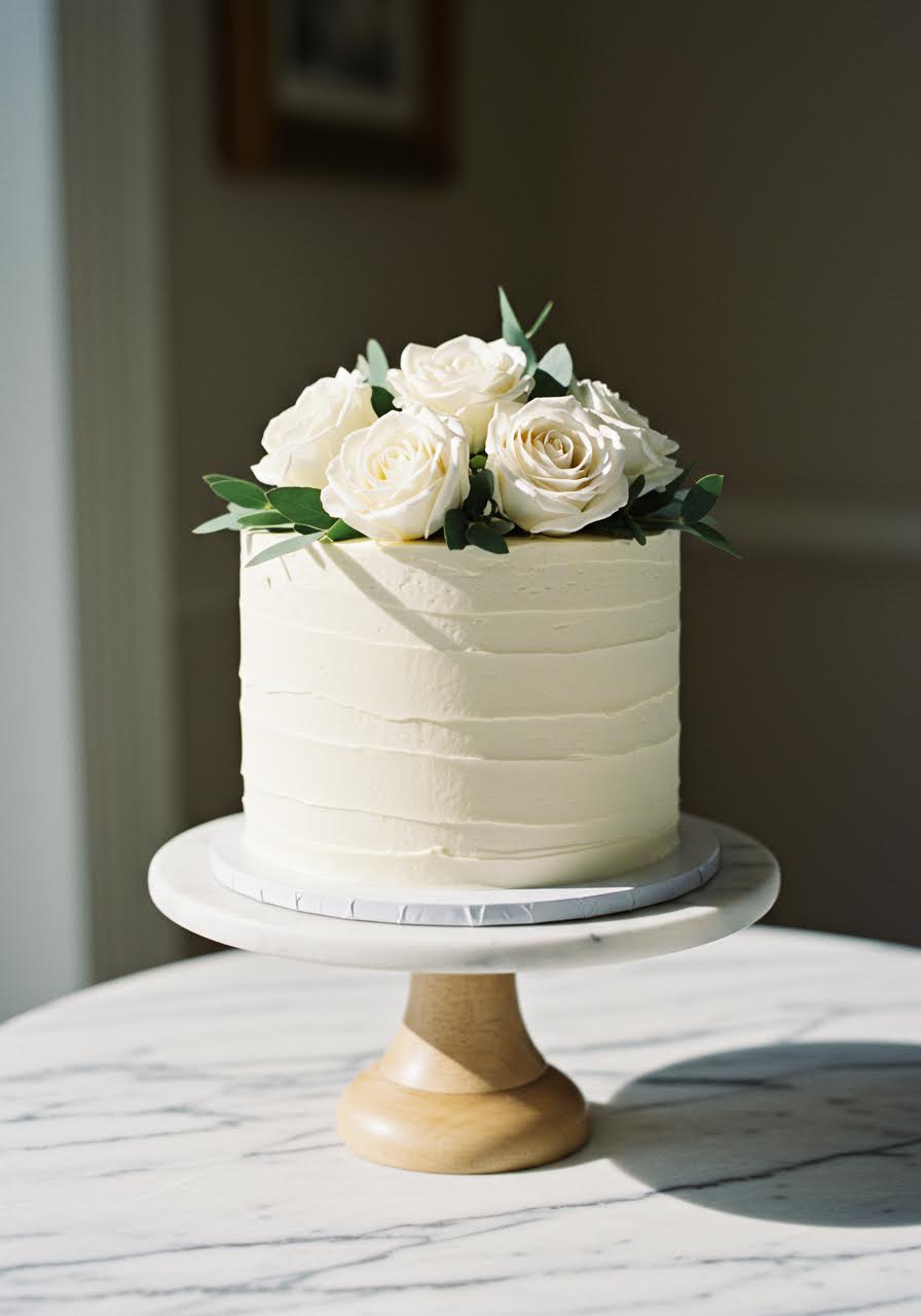 Elegant marble-effect wedding cake adorned with blush roses and eucalyptus on romantic table setting