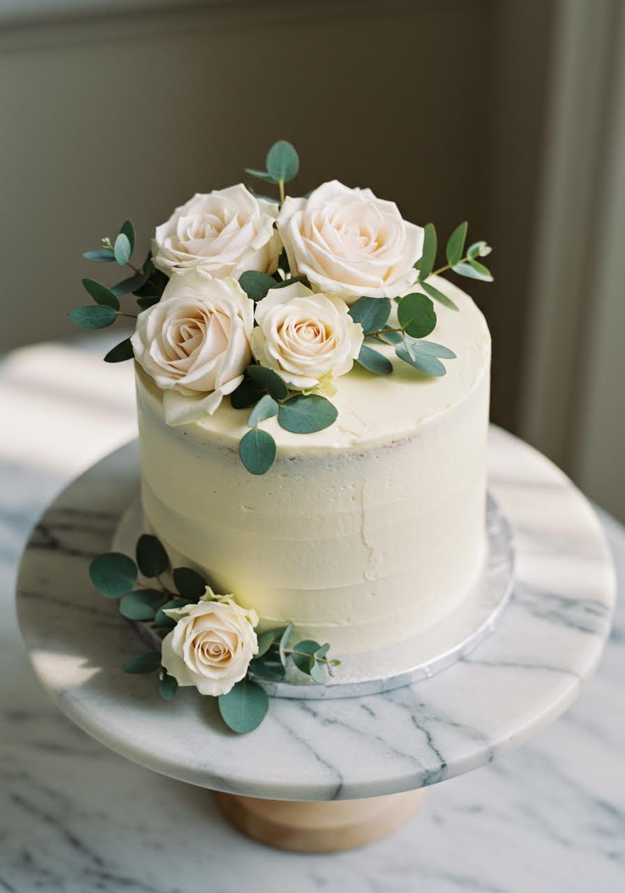 Overhead view of single-tier marble wedding cake with natural floral arrangements