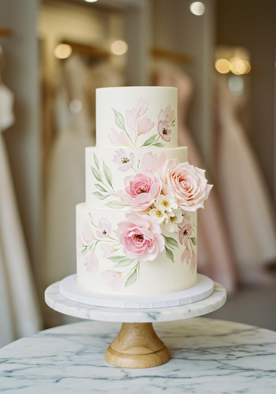 Elegant single-tier wedding cake featuring delicate hand-painted watercolor floral design