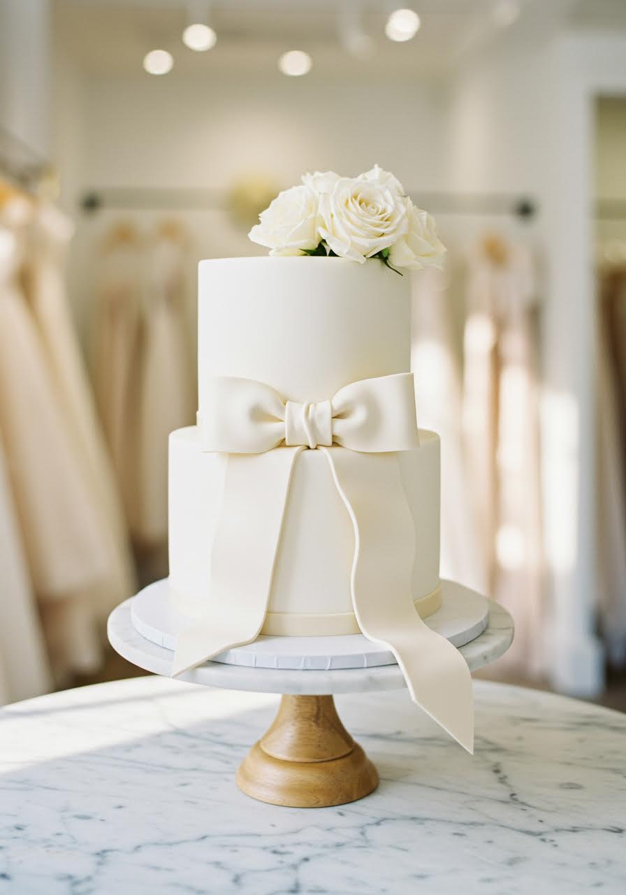 High-angle view of ribbon-wrapped wedding cake showing elegant proportions and smooth finish