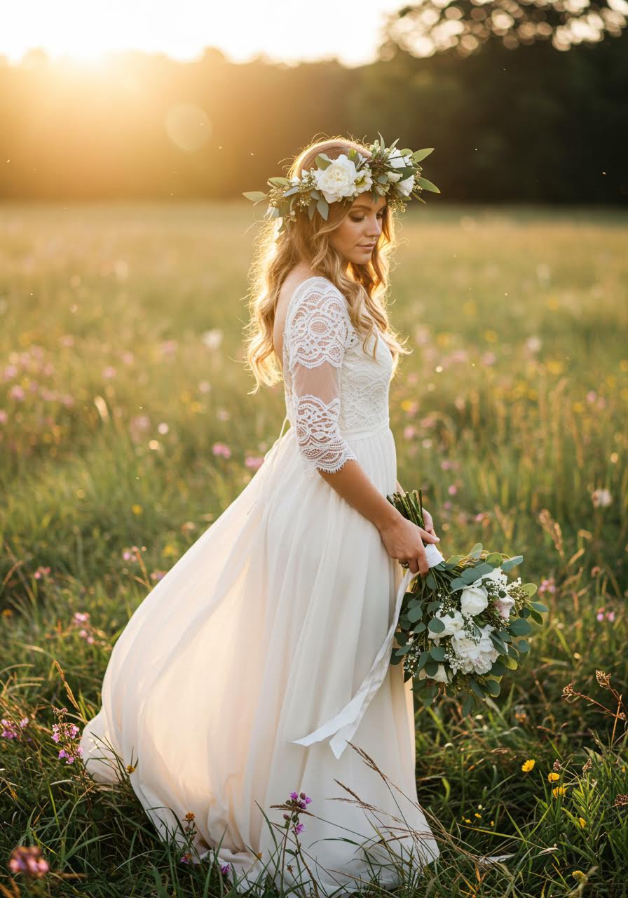 Free-spirited bride wearing white peony and eucalyptus flower crown in sunlit wildflower meadow