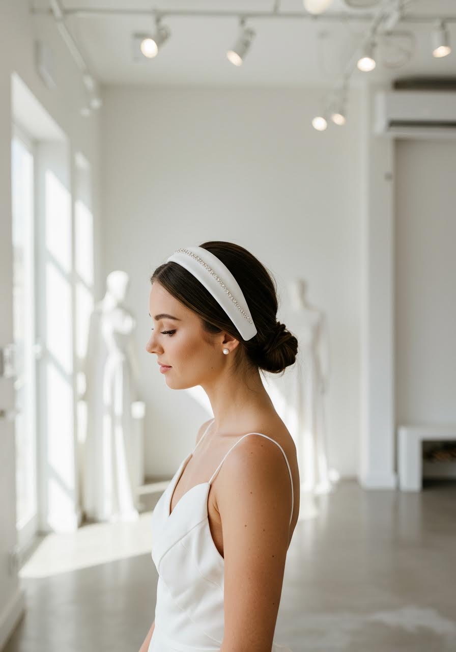 Modern bride wearing sleek satin headband in clean-lined bridal boutique with natural window lighting