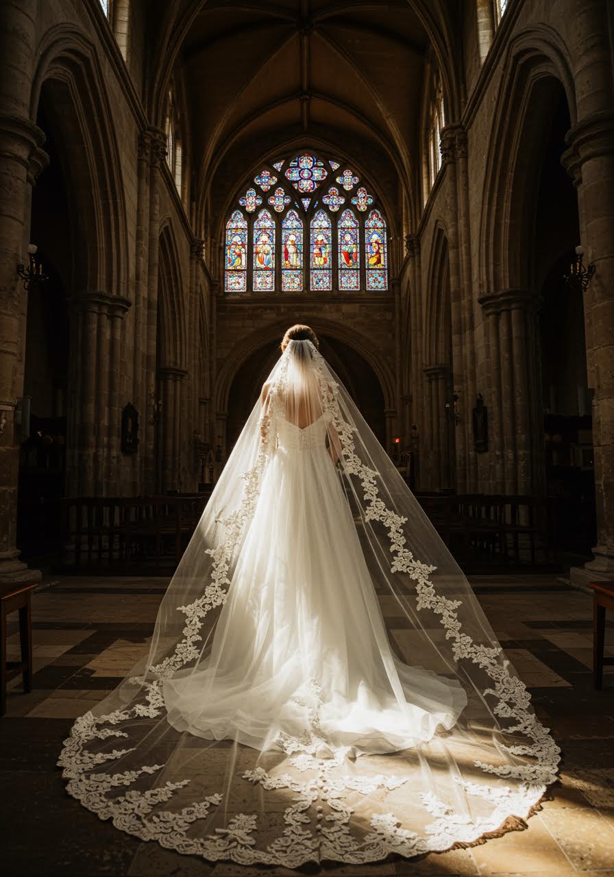 Bride in cathedral-length veil with intricate French Alençon lace flowing through Gothic stone arches during golden hour