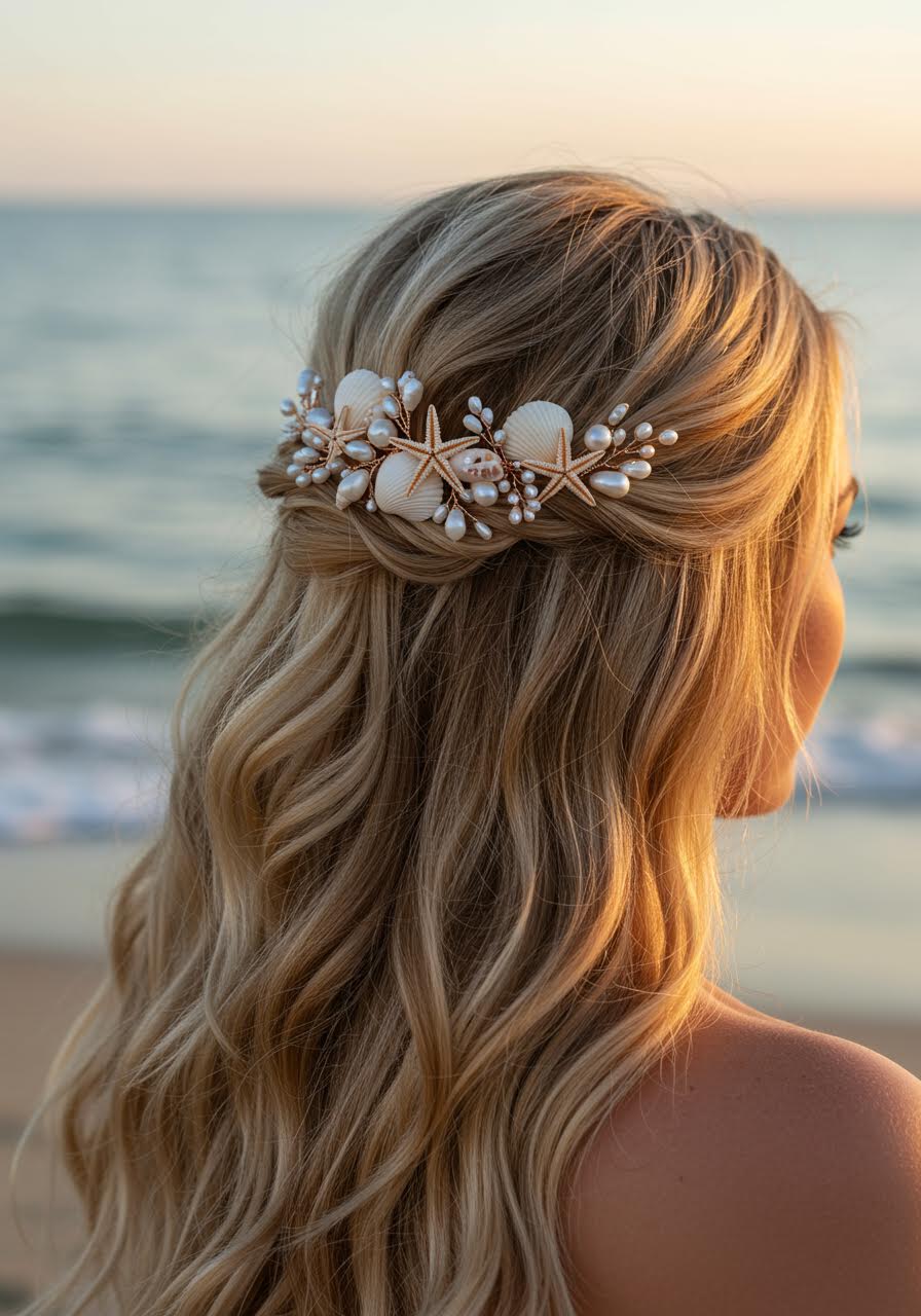 Bride with seashell hair combs adorned with pearls and starfish on sandy beach at golden hour sunset