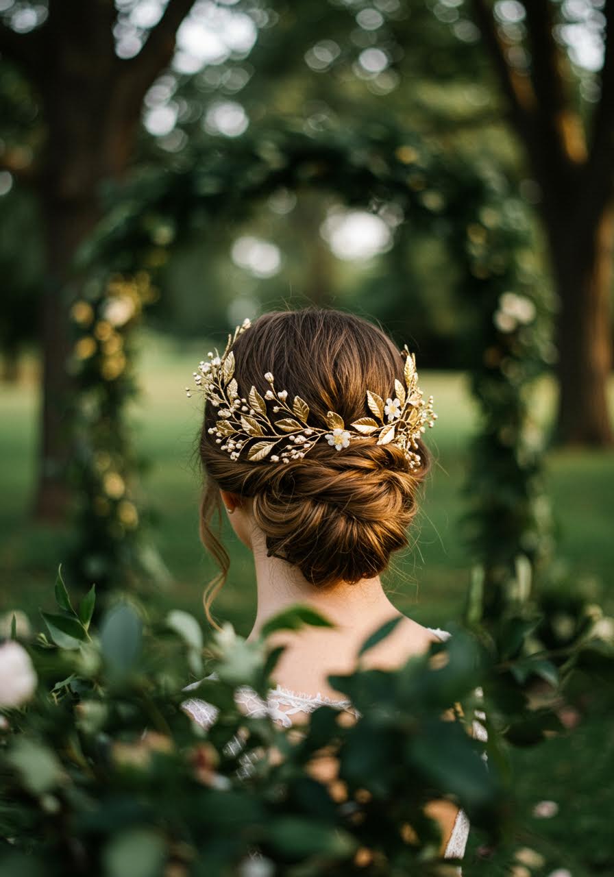 Bride wearing intricate leaf-inspired headpiece with gold branches and white flowers in lush garden setting