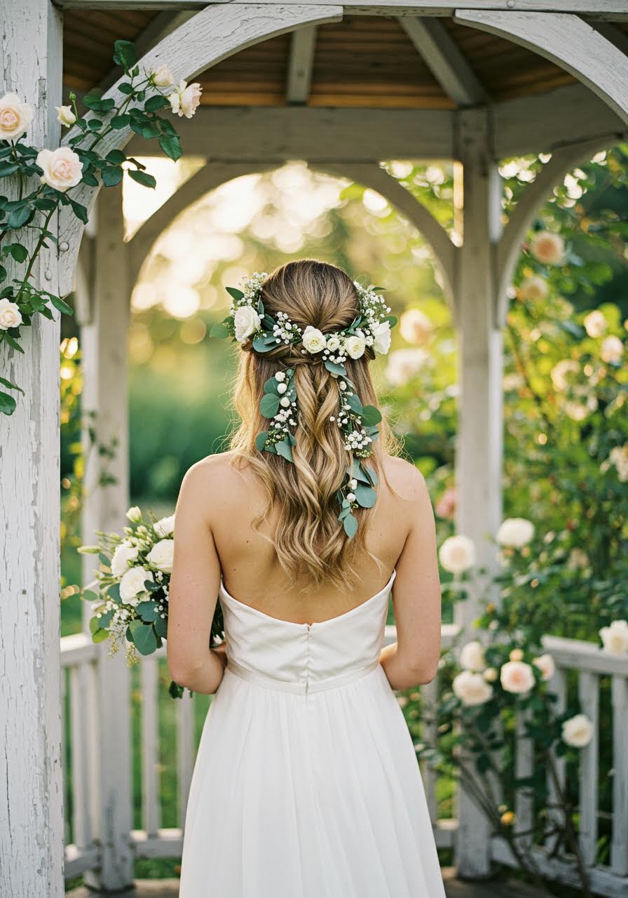 Whimsical hair vines with white roses, baby's breath, and eucalyptus in romantic updo at garden gazebo