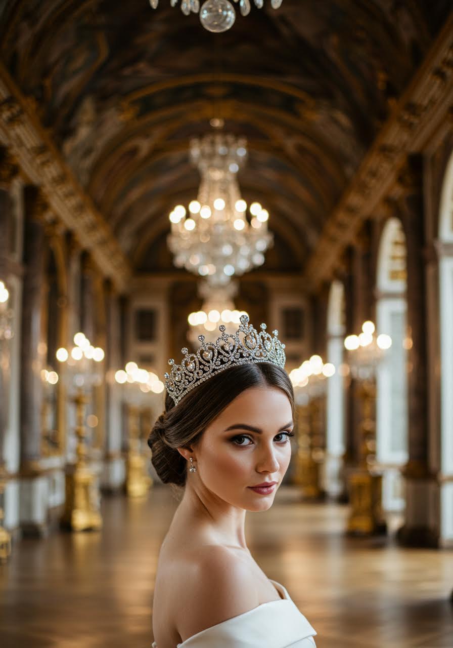 Ornate crystal and pearl tiara with silver detailing in opulent palace ballroom with marble columns