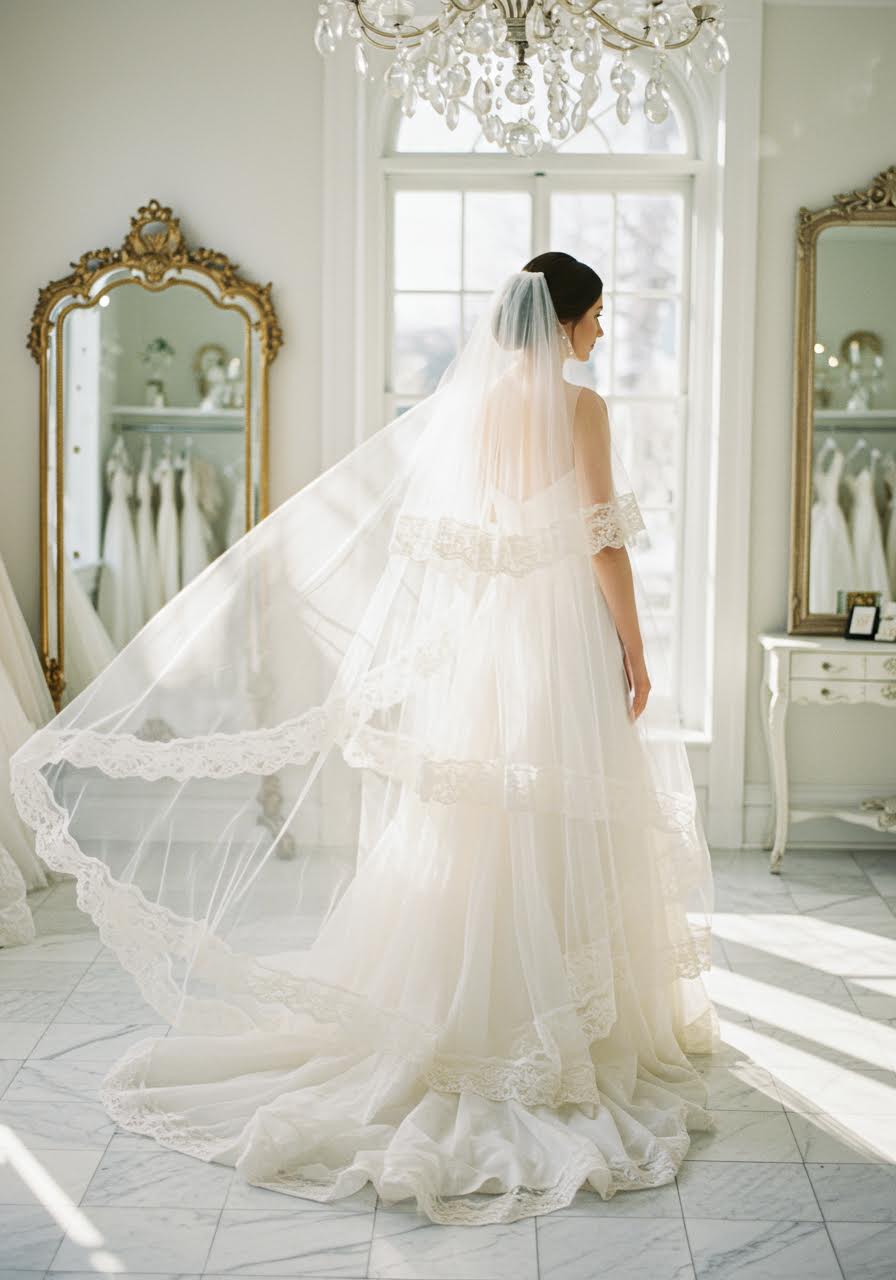 Timeless elbow-length veil with soft tulle layers in sunlit boutique with marble floors