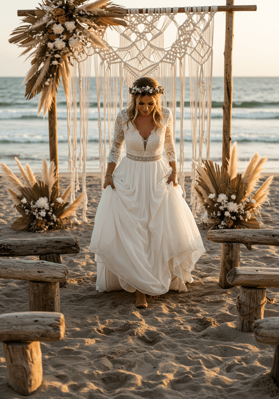 Detail of bride's bare feet on sun-bleached driftwood logs against sandy beach and ocean waves