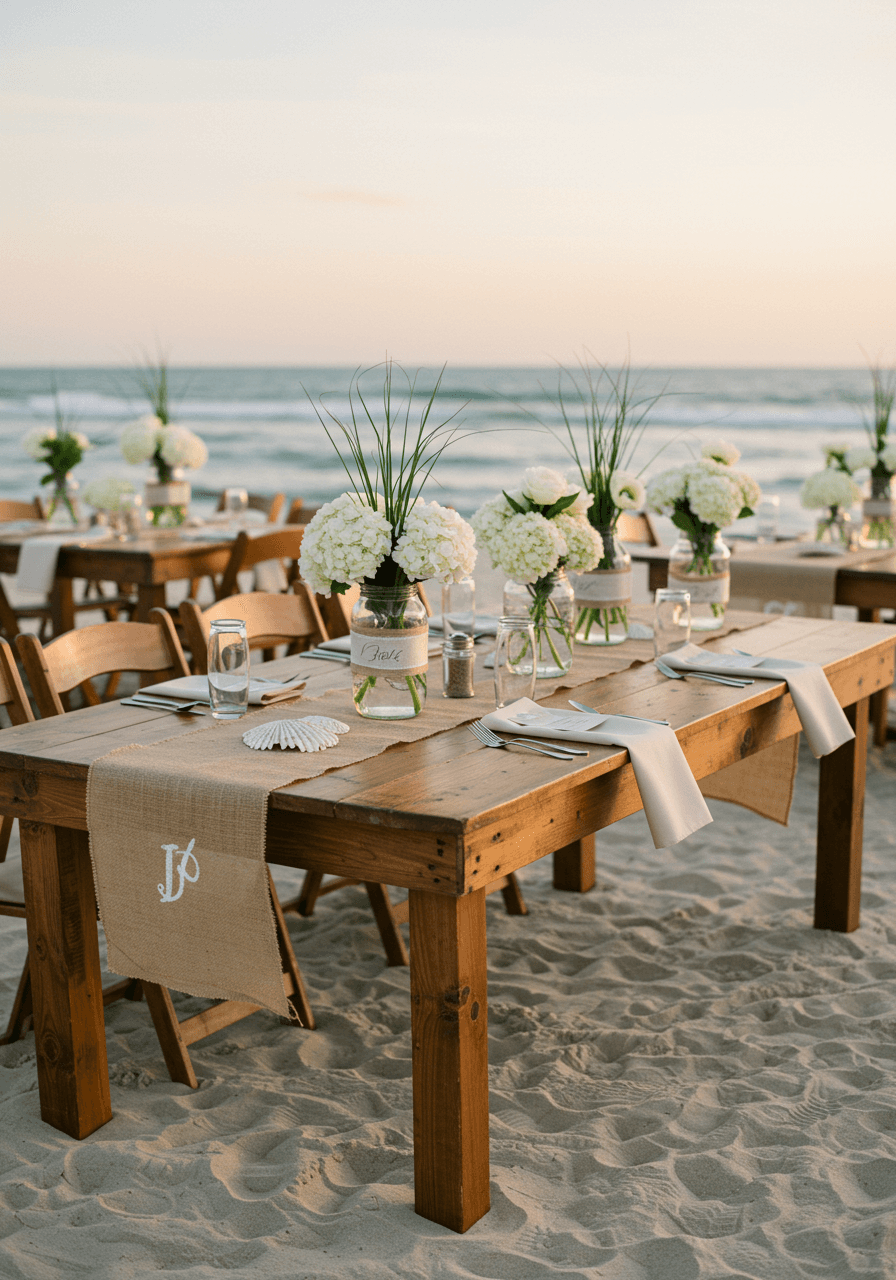 Rustic beach reception table with burlap runner, mason jar centerpieces filled with white hydrangeas, and vintage wooden chairs
