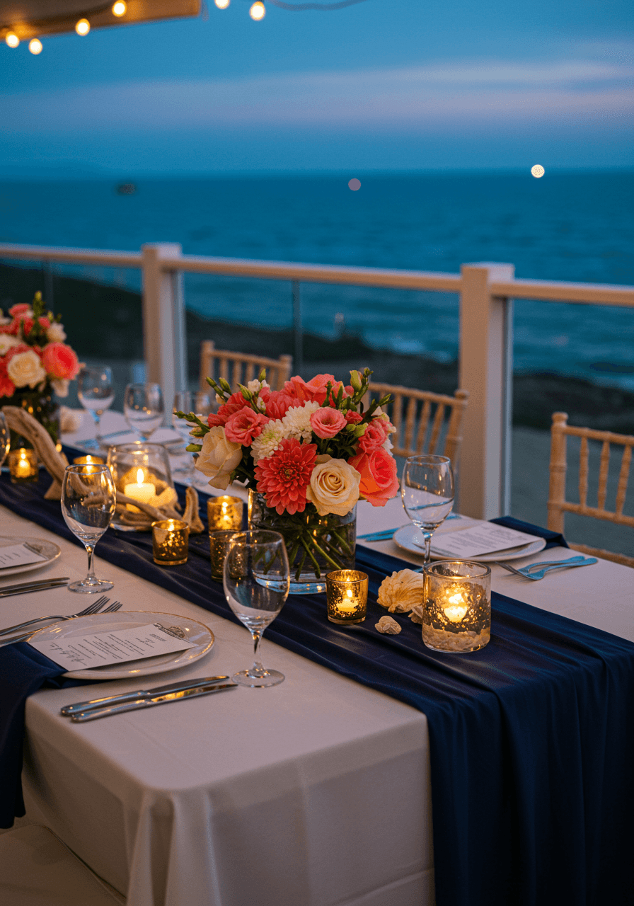 Elegant beachfront reception table with navy blue runners and coral pink florals during twilight