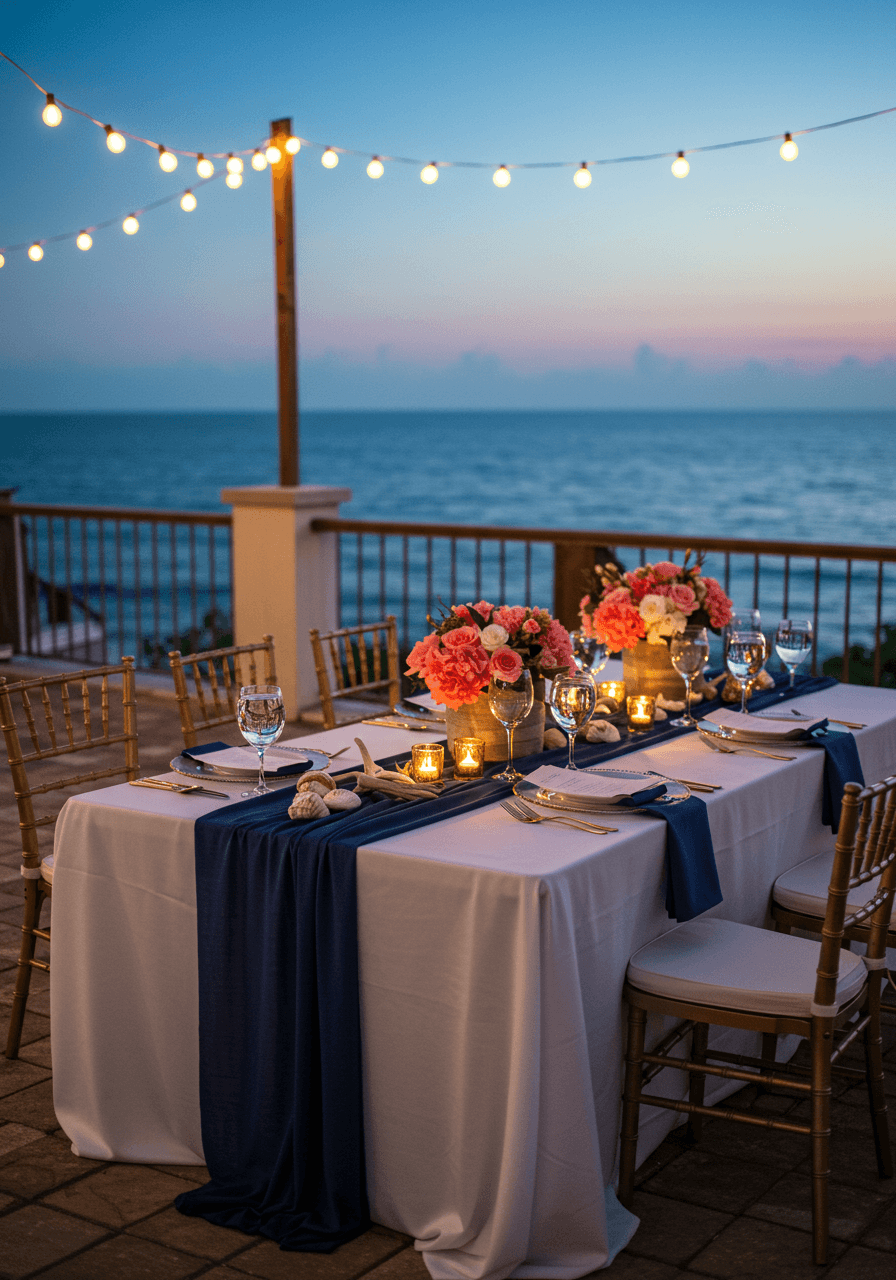 Oceanfront terrace reception setup with elegant table settings and golden sunset horizon
