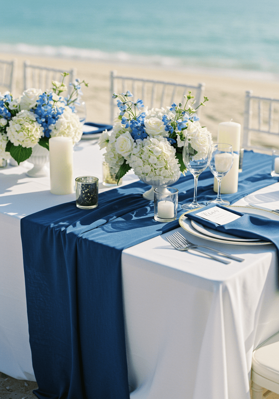 Elegant beachside table with marine blue linens, white porcelain plates with gold rim, and blue delphinium centerpieces