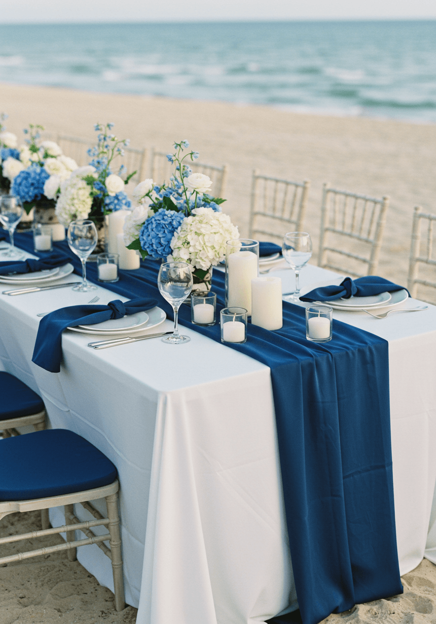Sophisticated coastal reception table setting with marine blue accents and ocean backdrop