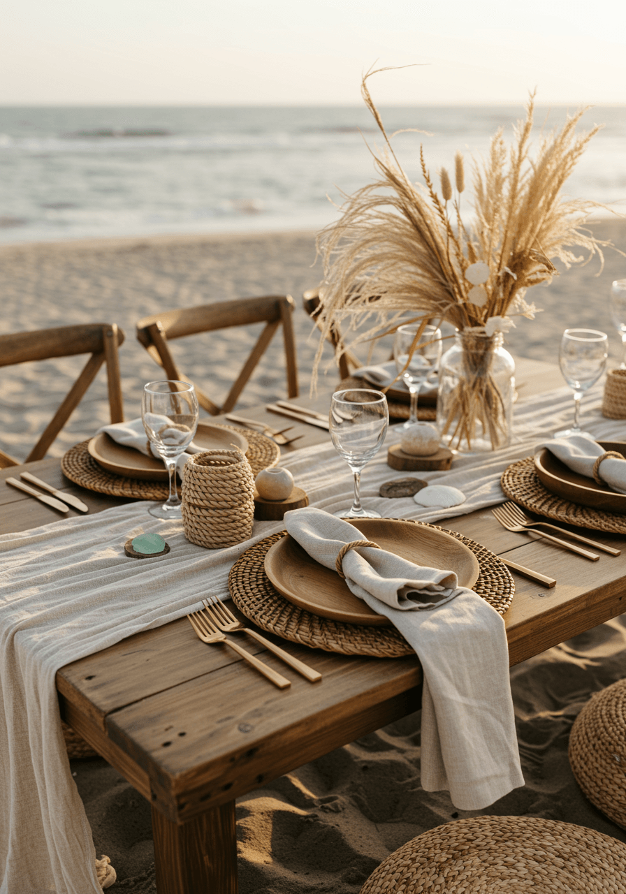 Bohemian beach wedding table featuring wooden farm table with woven rattan chargers and natural linen runners near tide pools