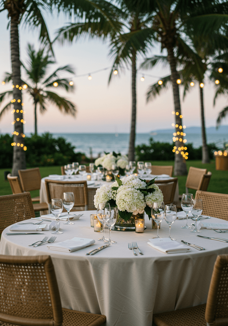 Hydrangea centerpiece detail on ivory linens with crystal glassware and coastal garden backdrop