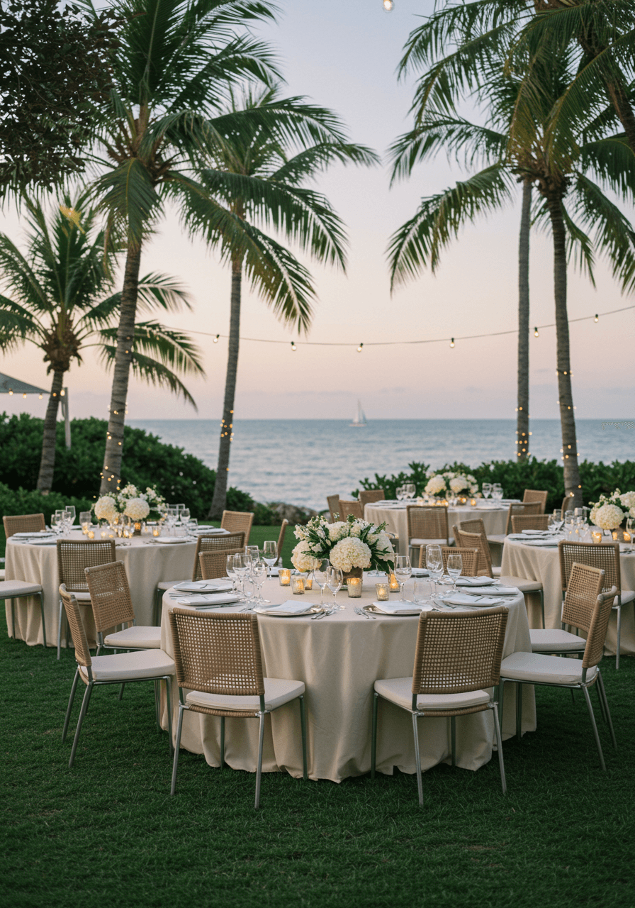 Elegant coastal garden reception with round tables, white hydrangeas, and palm trees with ocean glimpses at twilight