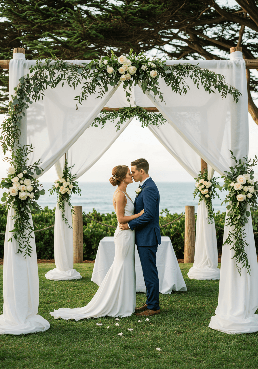 Bride and groom under white fabric canopy draped with greenery and roses in coastal garden with ocean views