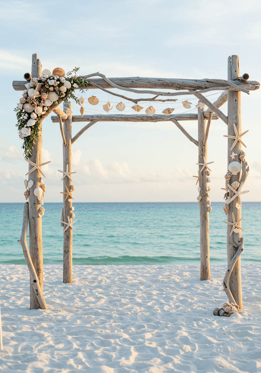 Weathered driftwood ceremony arch decorated with seashells and starfish on pristine white sand beach