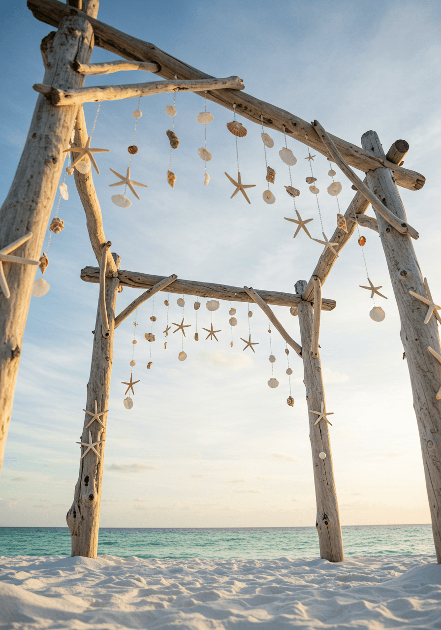 Low angle view of sculptural driftwood arch with shell decorations against ocean backdrop in afternoon light
