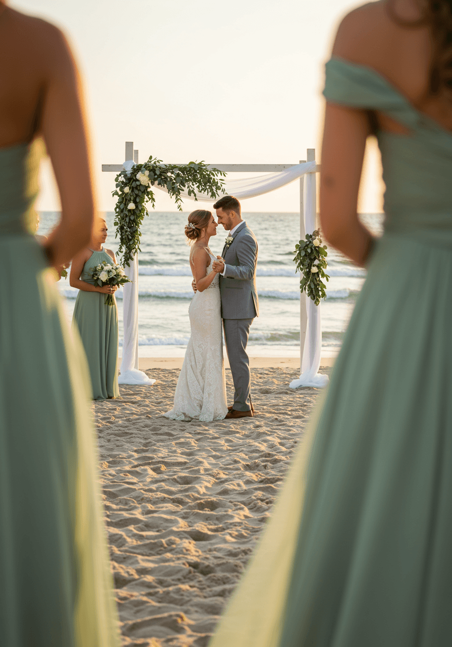 Beach wedding first dance with sage green bridesmaid dresses and eucalyptus garland ceremony arch