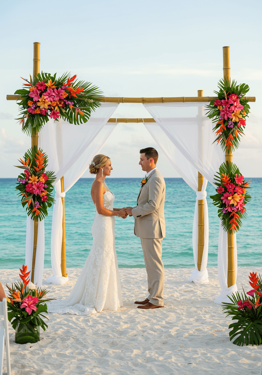 Couple exchanging vows under bamboo arch decorated with tropical bird of paradise and hibiscus flowers on white sand beach