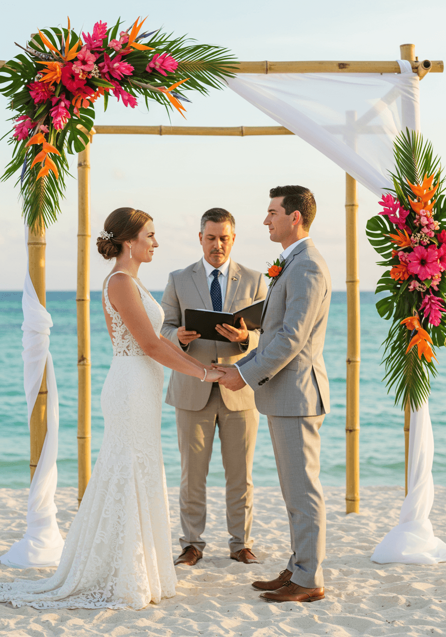 Tropical wedding bouquet with vibrant coral and orange blooms held against ocean backdrop