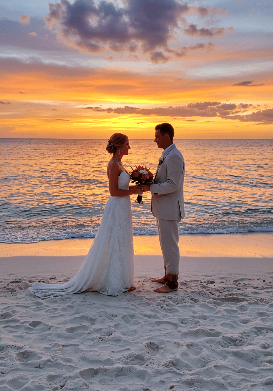 Couple exchanging vows on white sand beach with dramatic orange and purple sunset over ocean waves