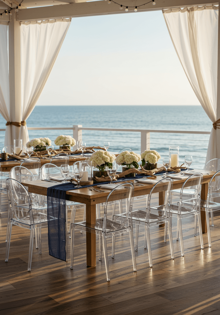 Modern coastal reception with transparent ghost chairs around whitewashed farm table with sculptural driftwood centerpieces and ocean view