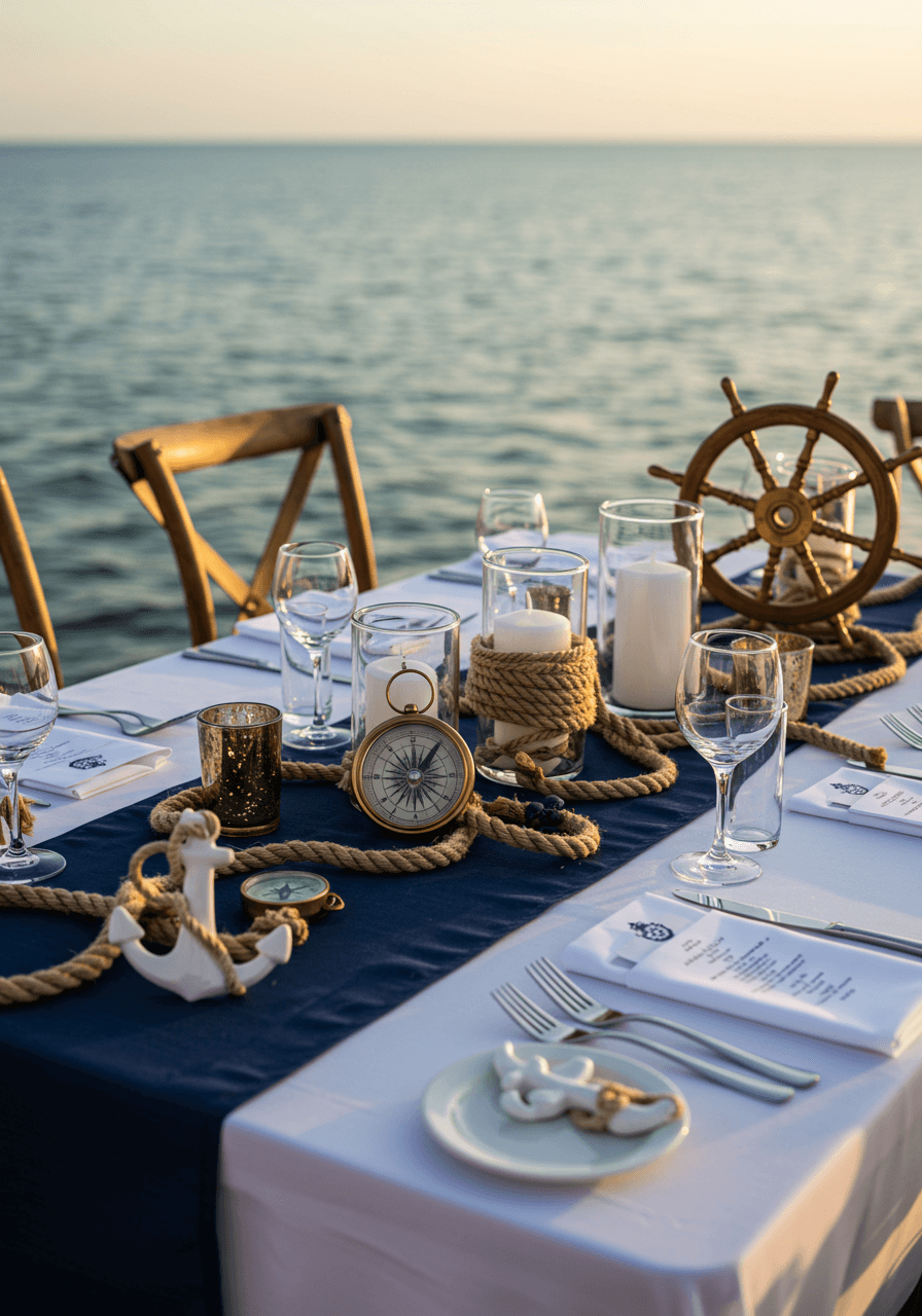 Nautical reception table with navy runners, brass compass centerpieces, and rope details overlooking ocean at golden hour