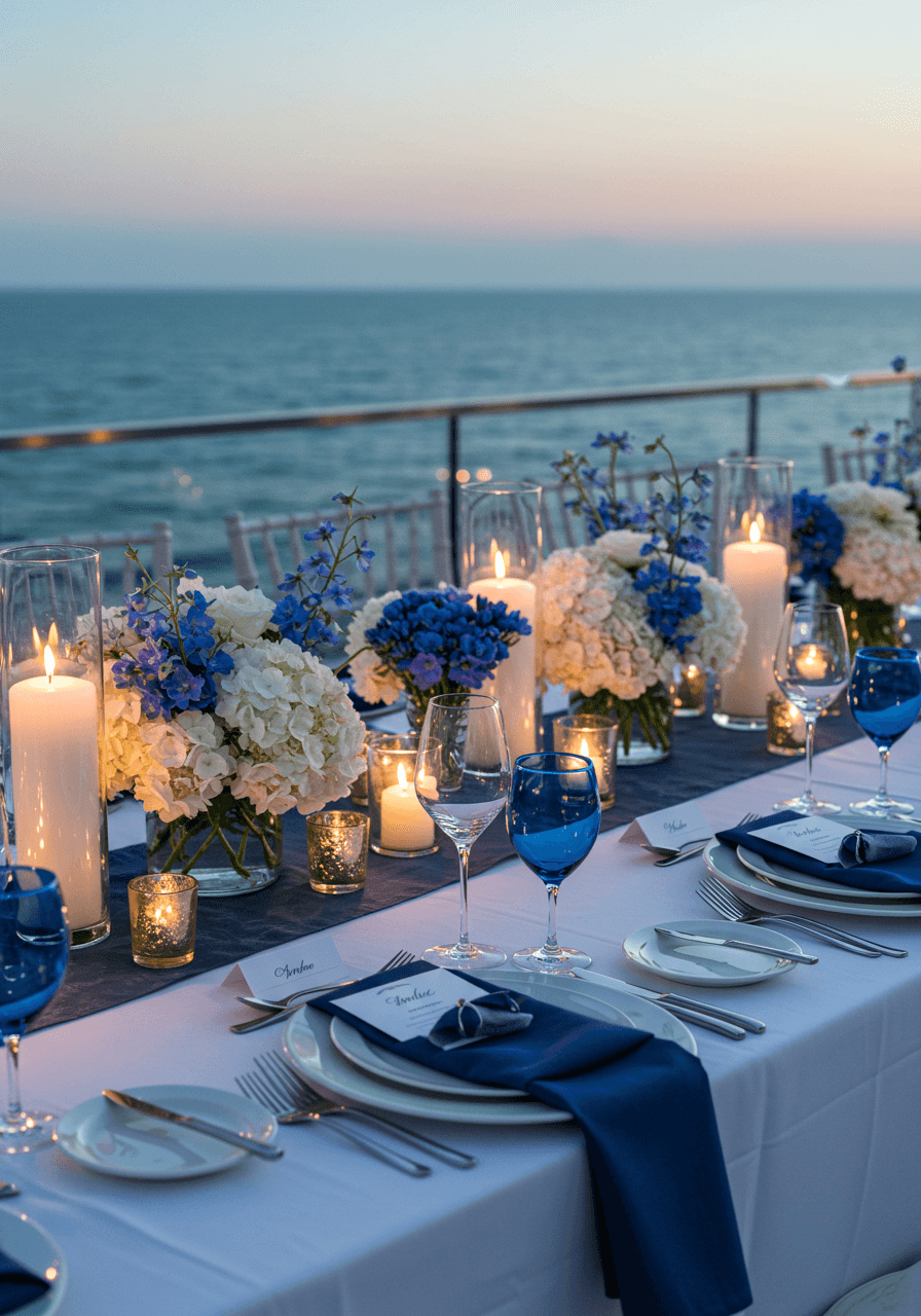 Sophisticated seaside terrace reception table with navy blue glassware and white hydrangeas during twilight hour