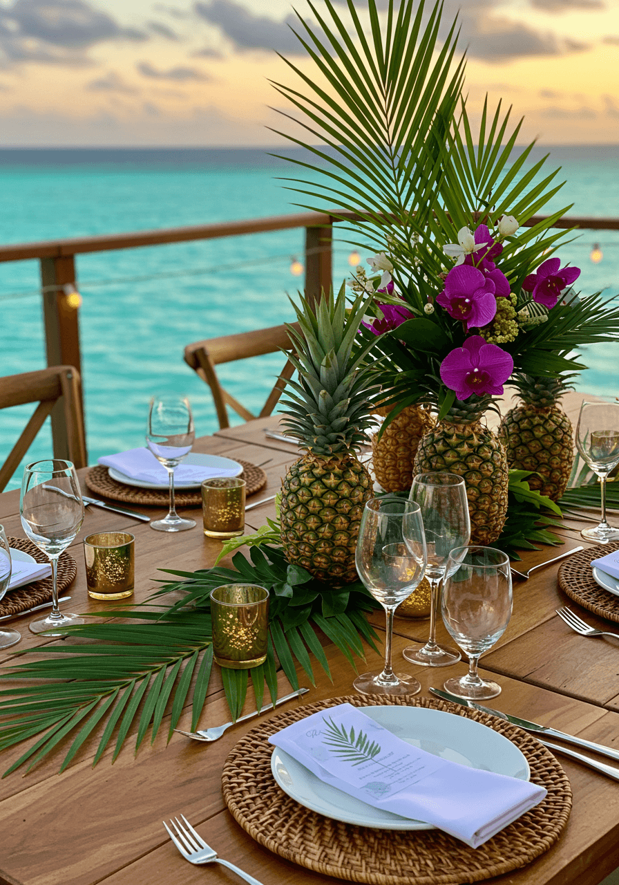 Tropical reception centerpiece with palm fronds, white and fuchsia orchids, and golden pineapples on wooden deck overlooking turquoise waters