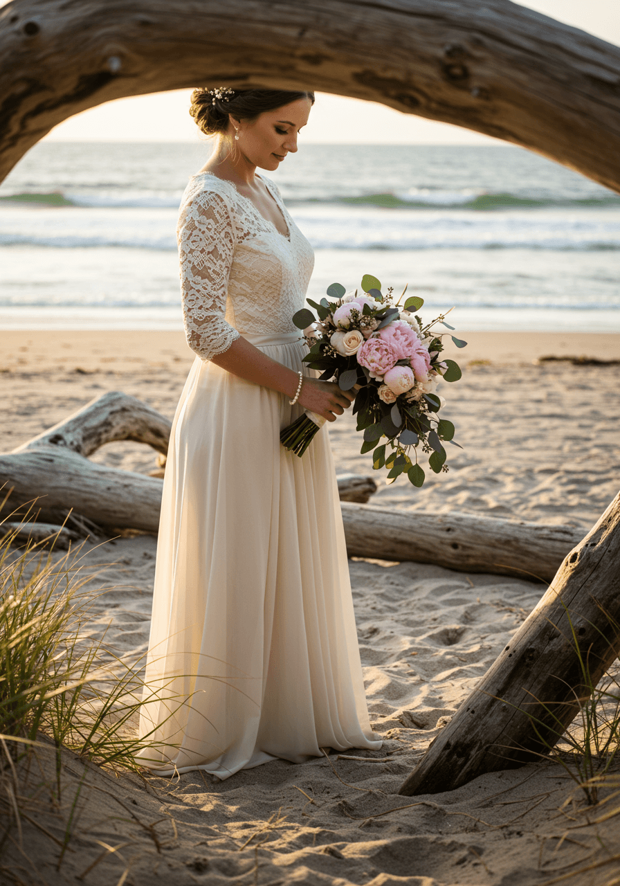 Vintage-inspired bride in flowing gown with antique lace details on sandy beach with ocean waves