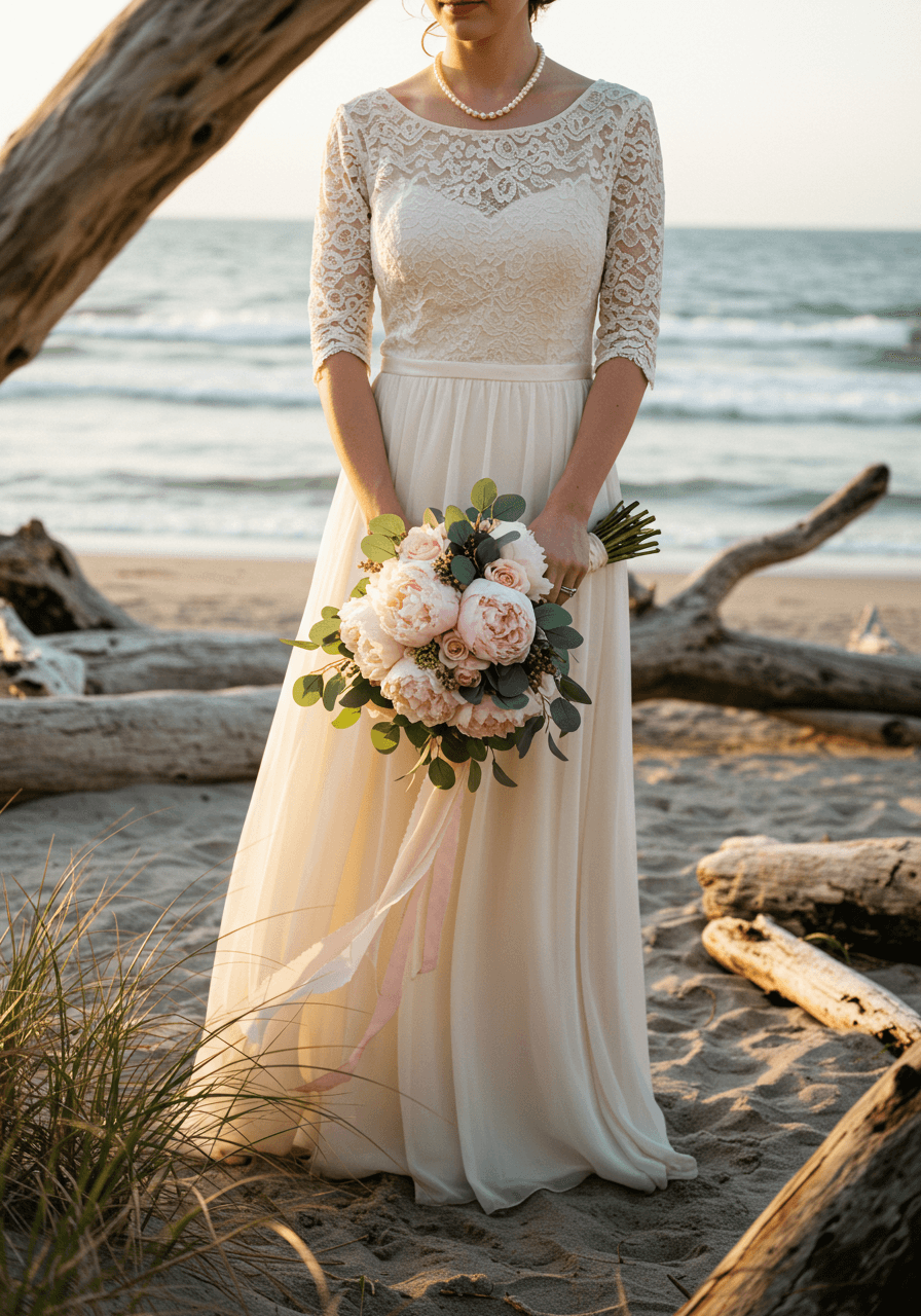 Bride in vintage ivory gown with lace sleeves holding blush peony bouquet with pearl handle on driftwood-scattered beach