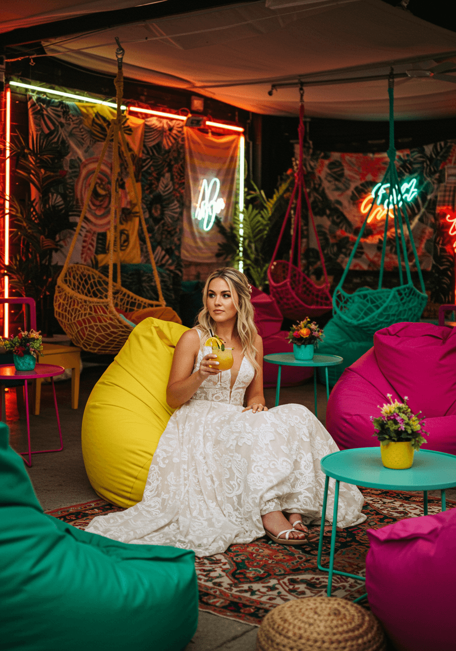 Bohemian bride sitting cross-legged on bright yellow bean bag chair holding tropical cocktail in maximalist rainbow lounge area