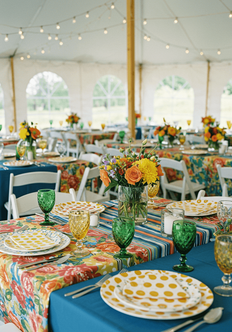 Wide view of maximalist wedding reception tables with layered patterns including stripes, florals, and polka dots