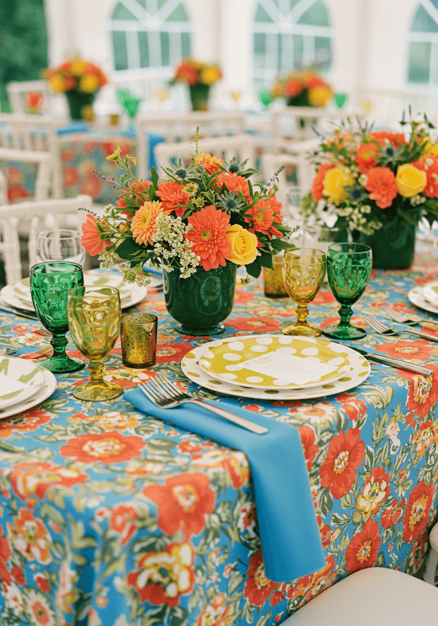 Bold wedding tablescape featuring pattern mixing with striped runners over floral tablecloths and geometric napkins