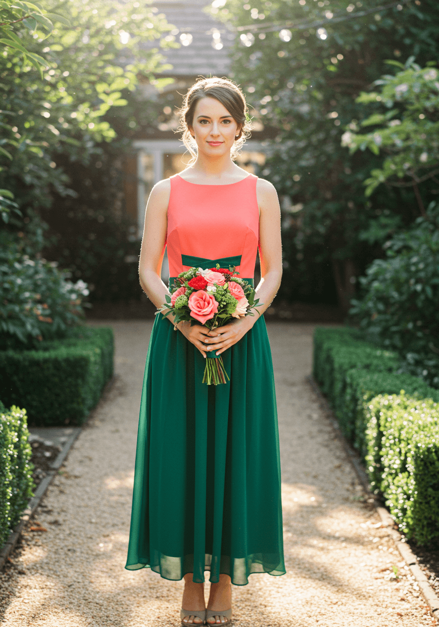 Single bridesmaid wearing coral and emerald green colour-blocked dress holding matching bouquet in sun-drenched garden courtyard