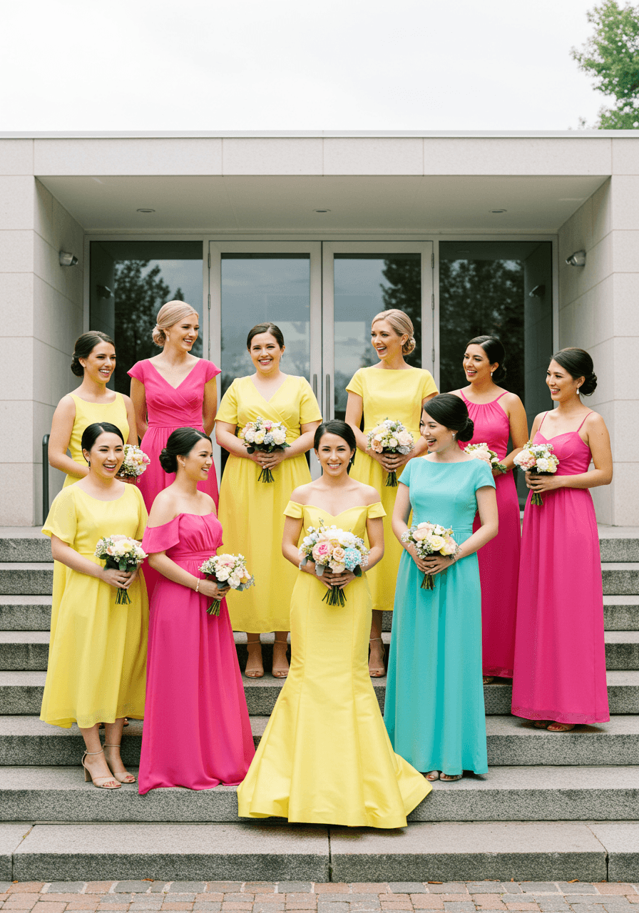 Group of bridesmaids wearing vibrant colour-blocked dresses in electric pink, yellow, and turquoise on modern venue steps
