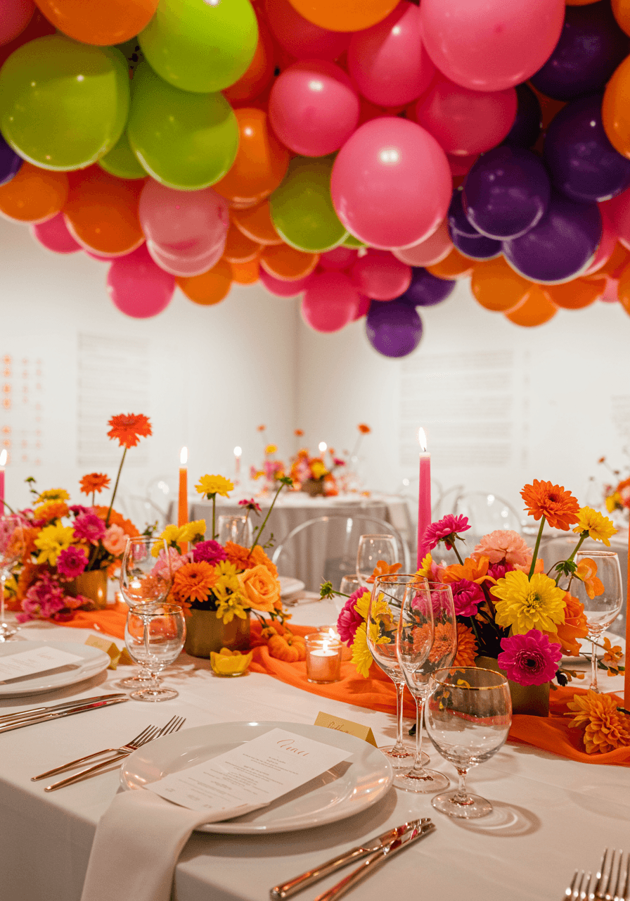Detailed view of colourful balloon clusters and elegant place setting at modern wedding reception with white ghost chairs