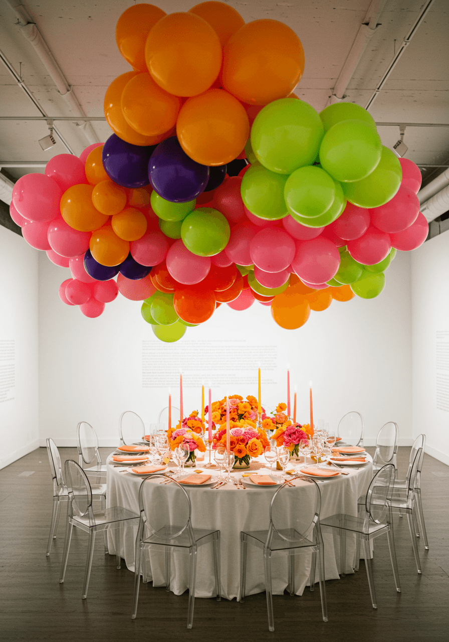 Wedding reception dinner table set beneath elaborate balloon installation in dopamine colours hanging at varying heights