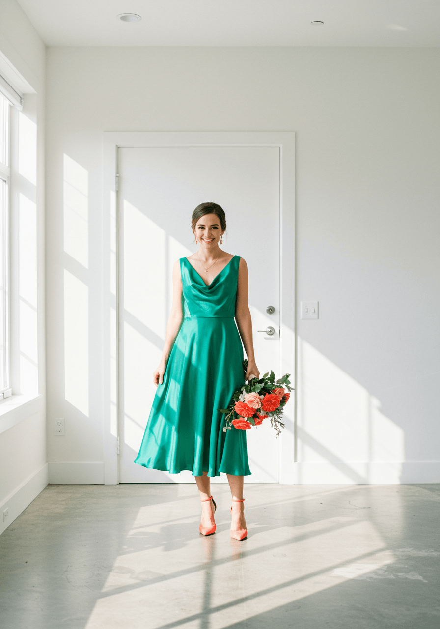 Bride wearing vibrant emerald green silk wedding dress with bright coral accessories in modern venue with white walls