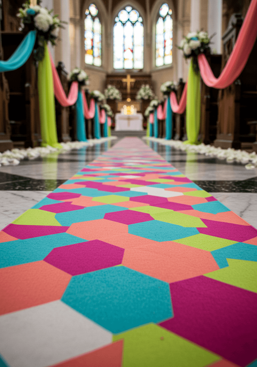 Ground level view showing detailed geometric hexagon pattern of colourful wedding aisle runner with white rose petals